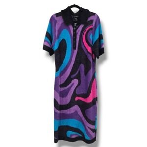 New ASHRO Fuzzy Knit Dress Purple Blue Pink Abstract Short Sleeve Womens L